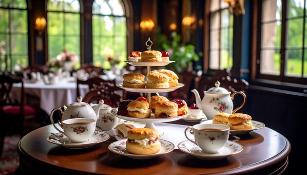 Elegant Afternoon Tea Set Scones with Teacups, and and Garden View in a Luxurious Room.