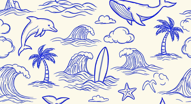 A charming hand-drawn sketch of a beach scene with a whale, dolphin, surfboard, palm trees, and crashing waves.