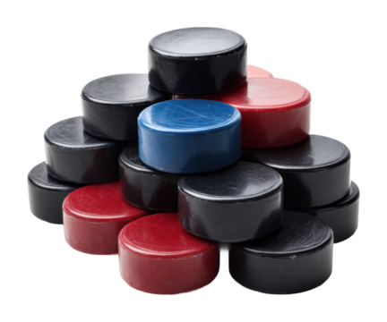 Hockey pucks stacked together arena sports equipment isolated on transparent background