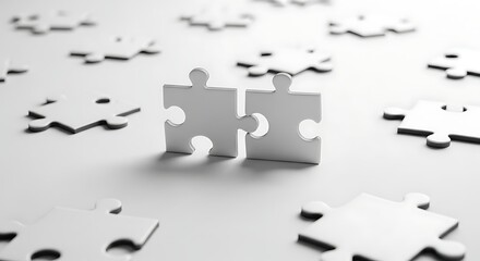 Two interlocking white puzzle pieces stand together in the center of a scattered collection of loose puzzle pieces on a plain background