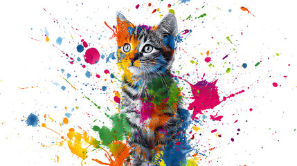 A curious cat coated in vivid paint splashes, splattering colors across its fur in abstract, joyful