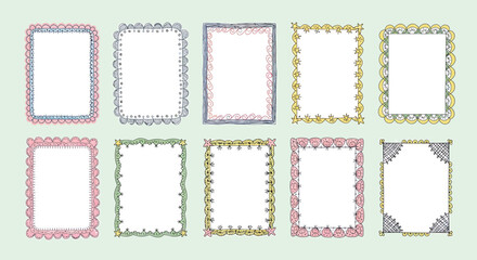 A collection of ten colorful hand-drawn decorative frames with various border designs on a light green background.