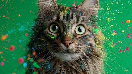 Close-up of a fluffy tabby cat with green eyes, against a green background dotted with confetti now
