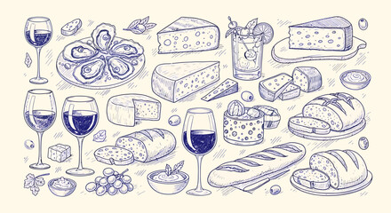 Hand-drawn illustration of wine, cheese, oysters, and bread, creating a sophisticated and inviting culinary scene.