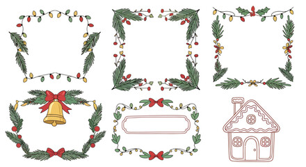 Festive Christmas-themed illustrations featuring decorative frames, garlands, and a gingerbread house.