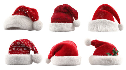 Christmas Santa hat collection high resolution transparent PNG clipart set isolated on white for greeting cards stickers invitations print on demand and festive designs
