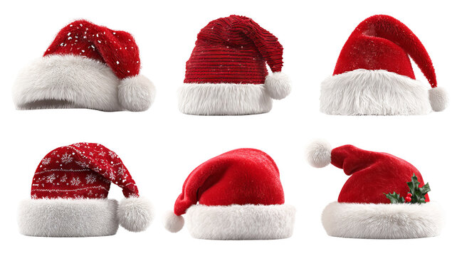 Christmas Santa hat collection high resolution transparent PNG clipart set isolated on white for greeting cards stickers invitations print on demand and festive designs
