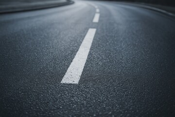 Close-up view of wet asphalt road with white dashed line curving into distance, symbolizing direction, movement and journey concept in transport setting. Ai generative