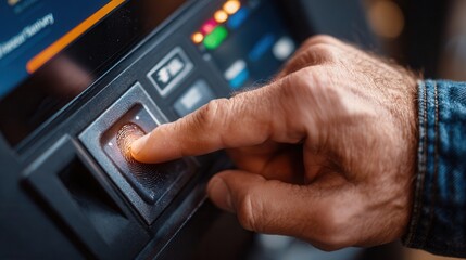 Fototapeta premium Man's finger scans fingerprint on modern security device for secure authentication and access control, highlighting advanced technology