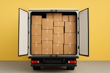 Delivery van filled with cardboard boxes shown from rear with doors open on yellow background, illustrating transport logistics concept. Ai generative