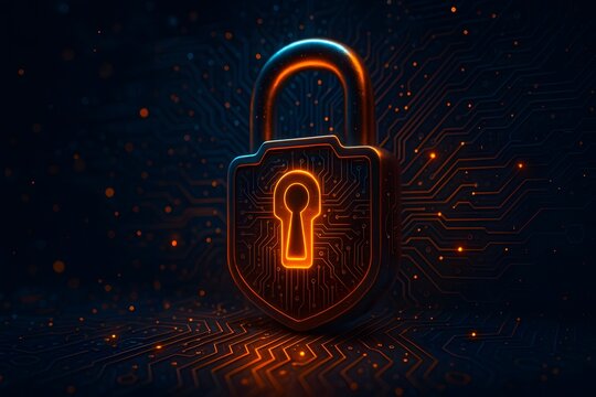 Secure padlock shield protecting information across glowing circuits