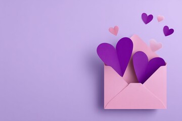 A pink envelope with hearts on it is open