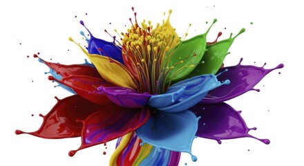 Vibrant Rainbow Paint Splash Forming a Dynamic Flower on White Background