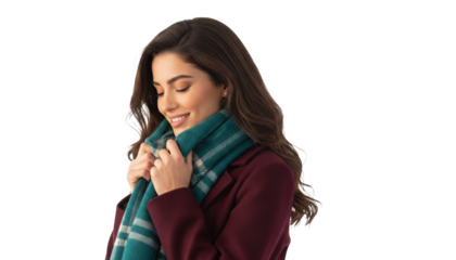 Serene woman embraces cozy scarf, radiating warmth and winter style, a picture of soft, gentle comfort
