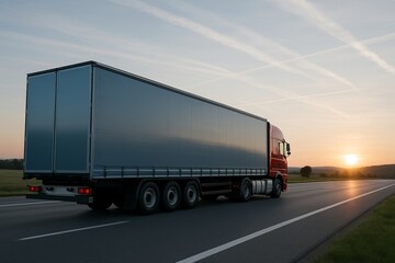 Red semi truck with blue cargo trailer driving on empty highway at sunset under clear sky, symbolizing modern logistics and freight transport concept. Ai generative