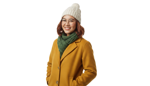 Smiling Southeast Asian woman in stylish yellow coat and green scarf radiates youthful winter fashion appeal