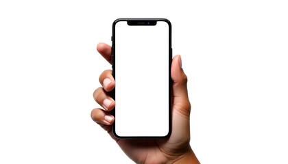 Hand holding a modern black smartphone with a blank white screen isolated on a white background.