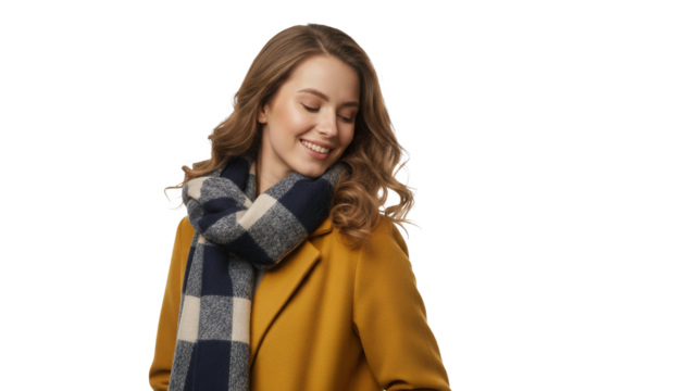 Smiling woman in stylish scarf and coat exudes modern warmth and cozy fall fashion vibes