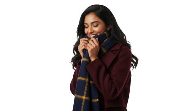 Cozy autumn vibes with beautiful Indian woman wrapped in a classic scarf and winter coat outfit - Powered by Adobe
