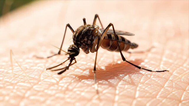 Detailed Macro Close-up of a Mosquito on Human Skin Illustrating this Dangerous Insect as a Disease Carrier and Blood-Sucking Pest Scientific View of Mosquitoes