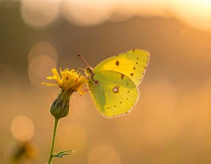 A yellow butterfly perches on a flower with a golden sunset in the background