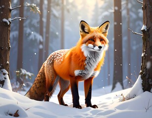 An orange fox stands in a snowy forest, amidst the evergreen trees