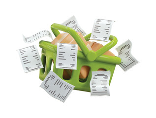 Basket full of cardboard boxes and cash receipt icon 3d render concept of full of basket with cardboard box for online shopping, supermarket purchase icon vector illustration