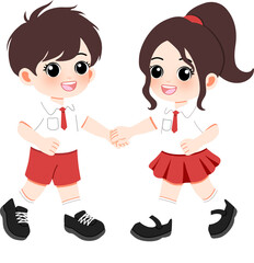 Adorable cartoon children in school uniforms holding hands and smiling, symbolizing friendship and education