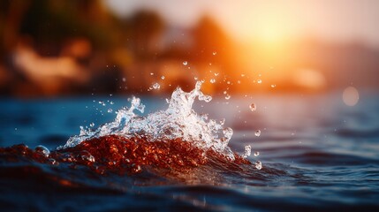 Dynamic water splash captured mid-air with sunlight glinting on droplets creating a vibrant, energetic moment