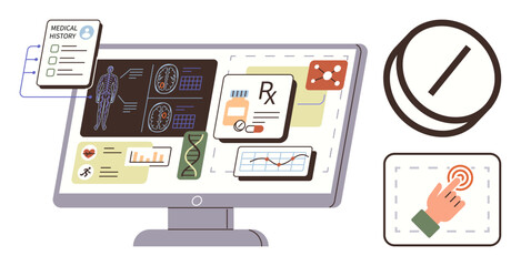 Computer screen showcasing medical records, diagnostic scans, prescription details, graphs, and DNA structure. Ideal for healthcare, telemedicine, diagnostics, innovation technology science data