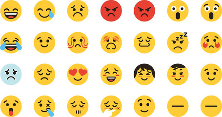 Collection of expressive yellow emoji faces showing various emotions isolated on transparent background