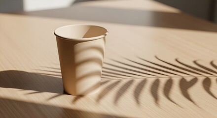 Minimalist Scene: Beige Cup with Palm Leaf Shadow in a Natural Light Setting