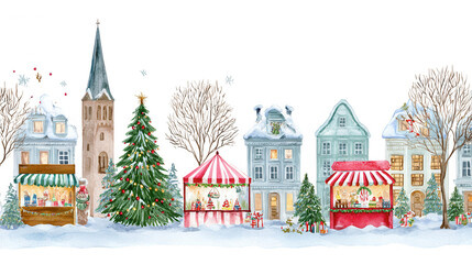 Charming winter village scene featuring snow-covered houses, a Christmas tree, and festive market stalls with holiday decorations