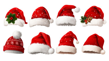 Cartoon vector set of Santa Claus red winter hats isolated on white resolution transparent PNG clipart for Christmas designs cards stickers and festive crafts
