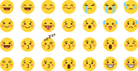 Collection of various yellow smiley face emojis expressing different emotions and reactions isolated on transparent background