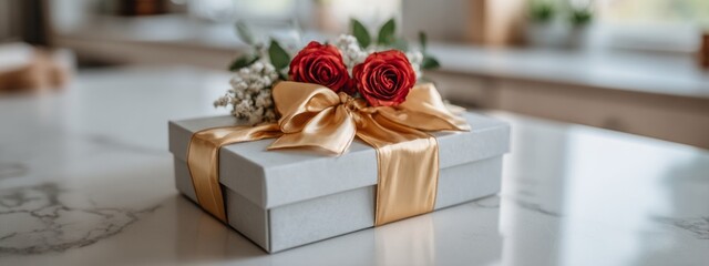 A white box with a gold ribbon and red roses on top