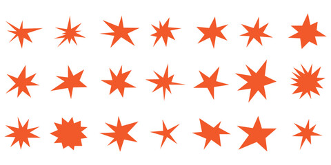 Sharp stars shapes set. Bright irregular sparks, colorful twinkles. Abstract edgy sparkle and stars elements pack. Asymmetry forms