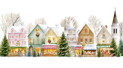 Winter village scene with colorful houses, Christmas decorations, snow-covered rooftops, and festive trees on a black background