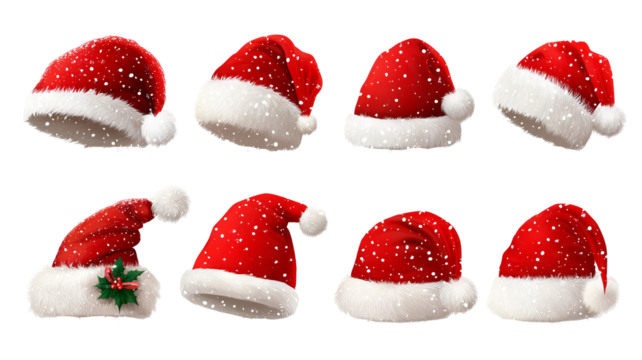 Cartoon vector set of Santa Claus red winter hats isolated on white resolution transparent PNG clipart for Christmas designs cards stickers and festive crafts
