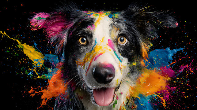 Energetic dog with vibrant paint splashes on face, bright eyes, joyful expression, dark backdrop!