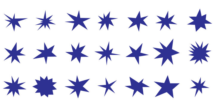 Sharp stars shapes set. Bright irregular sparks, colorful twinkles. Abstract edgy sparkle and stars elements pack. Asymmetry forms