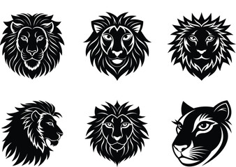 Collection of stylized black and white lion head illustrations in various artistic styles