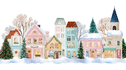 Fototapeta premium Colorful winter village scene with charming houses, snow-covered trees, and festive decorations under a snowy sky