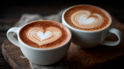 Two white coffee cups with heart designs on them