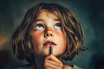 Child holding a pen and looking upward in deep thought while studying
