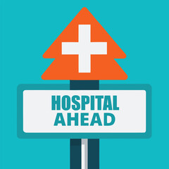 Fototapeta premium Orange warning sign with white cross and text hopsiad heal ahead on blue background