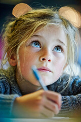 Young girl writing in notebook while looking up thoughtfully in soft classroom light