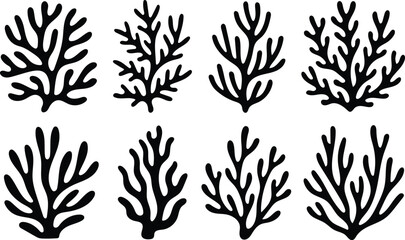 Collection of sea coral silhouettes isolated on white background vector illustration