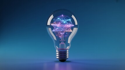 A 3D rendering of a clear glass lightbulb containing a glowing plexus network representing a bright idea
