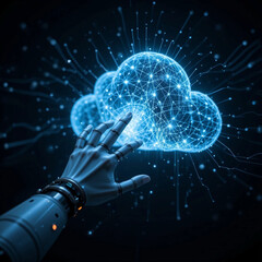 Humanoid robot hand reaching out to touch a glowing